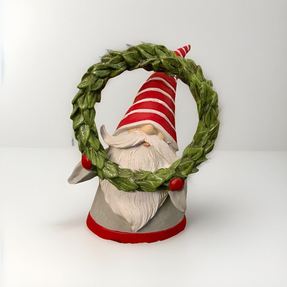 Giant Christmas Gnome Holding Wreath 8" Tall  Resin EUC